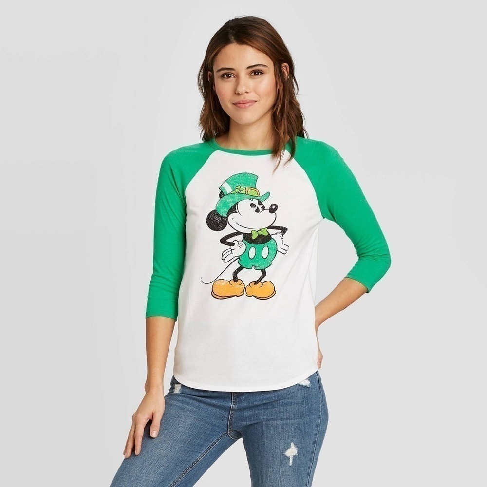 Disney New Size L Mickey Mouse St Patricks Day Leprechaun 3/4 Raglan Sleeve Tee